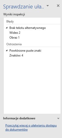 Wyniki inspekcji dostępności dokumentu.